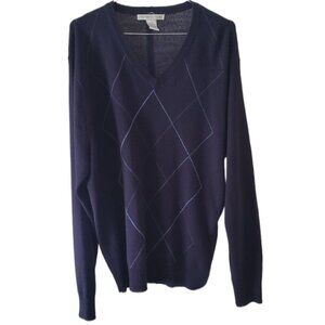 Geoffrey Beene Men's Navy Blue Argyle V-Neck Long Sleeve Sweater